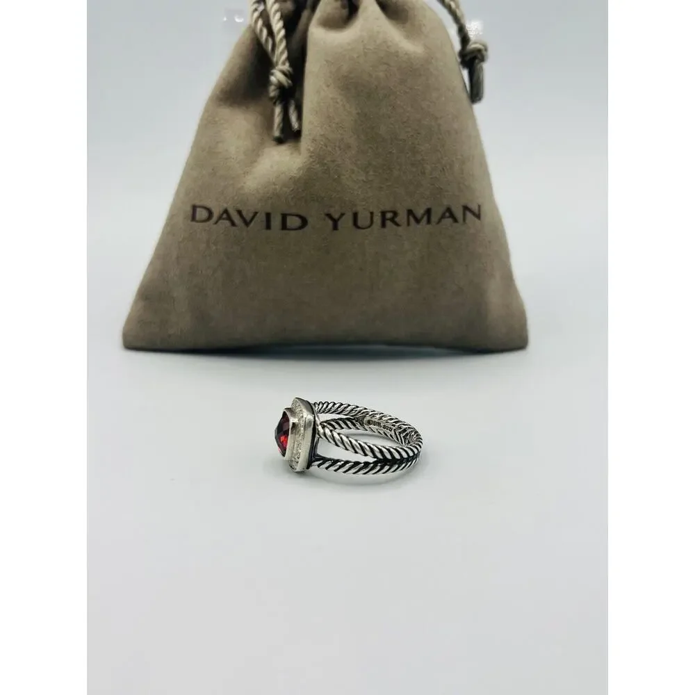 David Yurman Sterling Silver Garnet & Diamond Petite Albion Ring Size 6